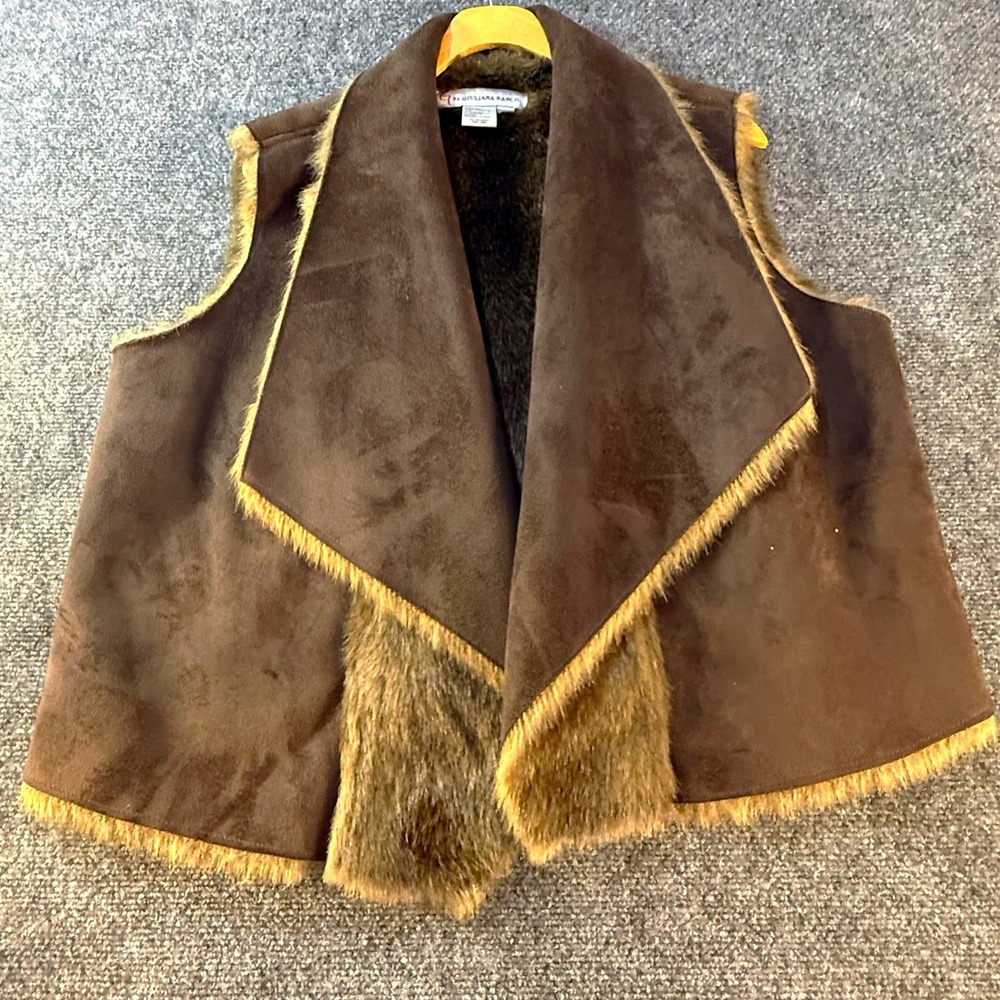 G by Giuliana Rancic Womens Brown Open Front Faux Fur Trim Lined Vest Sz L